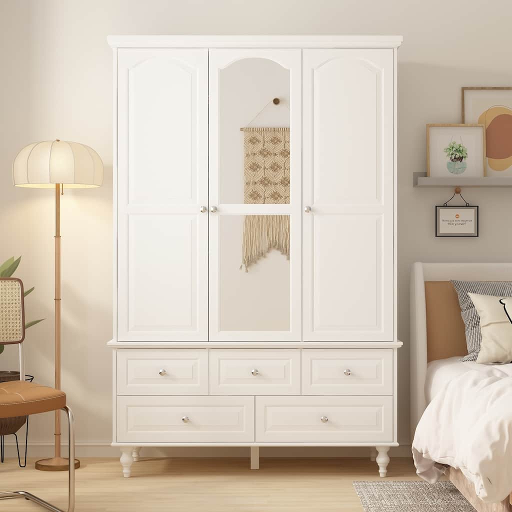 47.2" Lacquered Armoires Wardrobes With Mirror Door 5 Drawer in White