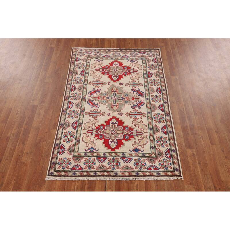 Geometric Kazak Oriental Accent Rug Hand-Knotted Wool Carpet - 3'11" x 5'11"