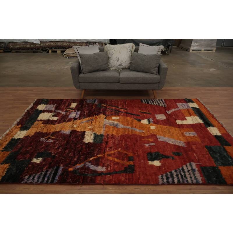 Hand Knotted Oriental 100% Wool Carpet Modern Tribal Red Moroccan Area Rug - 9' 8'' X 6' 6''