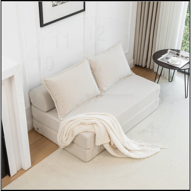 Foldable Sofa Bed Sleeper Lounge Chair with Pillow Floor Mattress - Beige