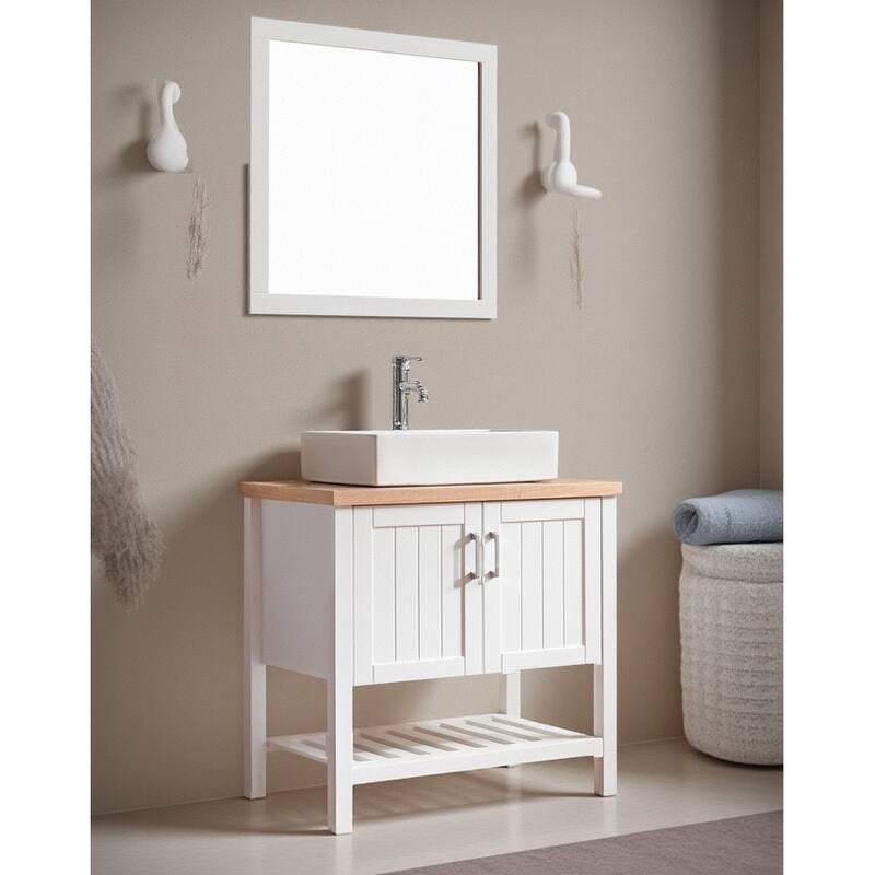 32" White Bathroom Vanity with Sink, Solid Wood Cabinet and Open Shelf