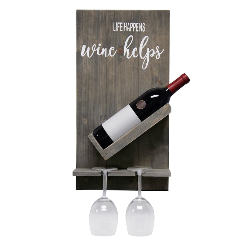 Elegant Designs Lucca Wall Mounted Wooden “Life Happens Wine Helps” Wine Bottle Shelf with Glass Holder