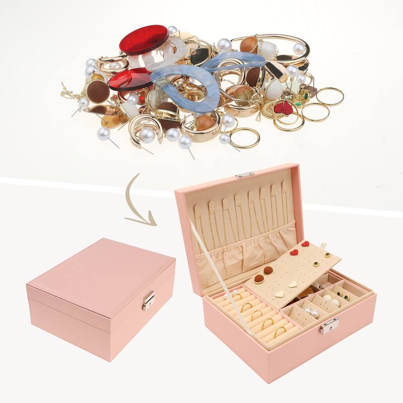 2 Layer Jewelry Box with Mirror for Women Girls, PU Leather Jewelry Organizer Case Storage Display Holder - 23x17x8.8cm - Pink