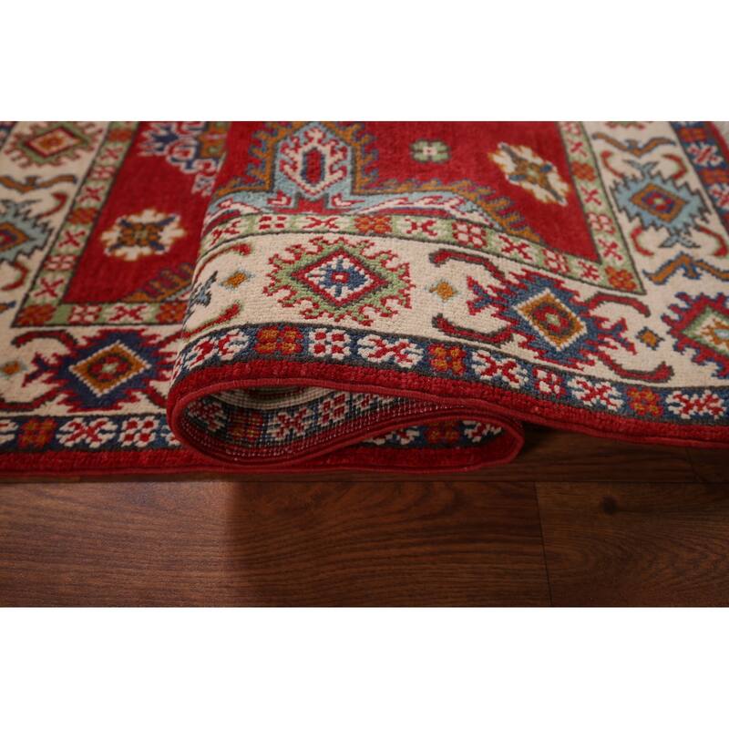 Geometric Red Kazak Accent Rug Home Decor Hand-Knotted Wool Carpet - 2'10" x 4'5"