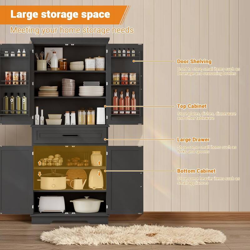 72in Kitchen Storage Pantry Cabinet for Dining Room,Adjustable Shelves