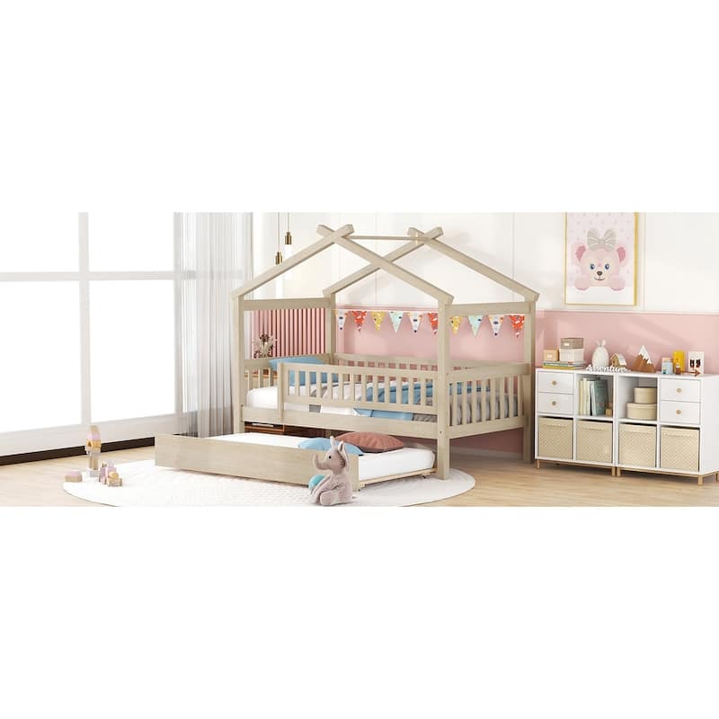 Wooden House Bed with Trundle - Natural