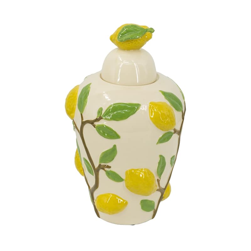 8.7x8.7x15" White Ceramic Lidded Jar with Playful Lemon Design