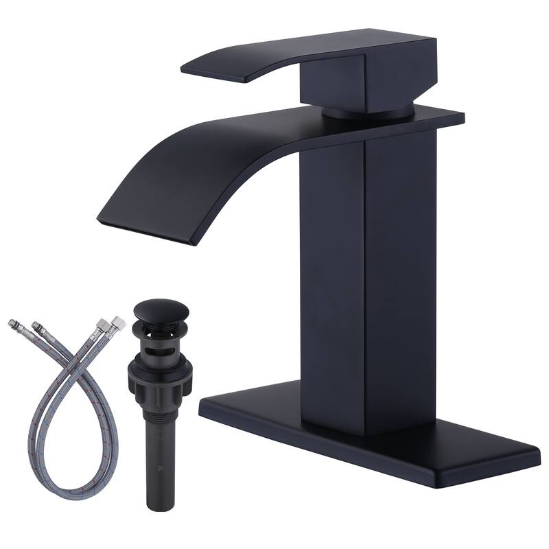 WOWOW Single Handle Waterfall Bathroom Faucet with Pop-Up Drain - Matte Black