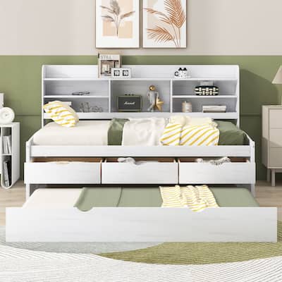 Twin Size Wooden Captain Bed w/ Built-in Bookshelves, 3 Storage Drawers & Trundle Low Loft Bed Frame Space-Saving/Easy Assembly