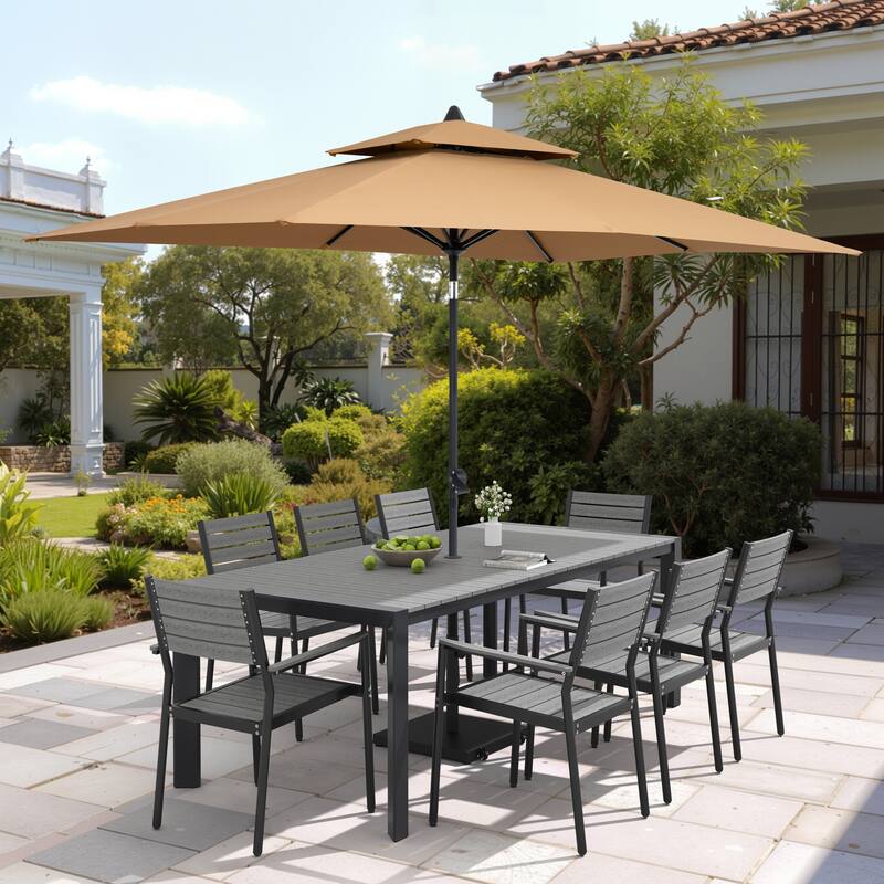 9/11-Piece Patio Dining Set Aluminum Dining Table and Chairs w/10 ft Market Umbrella and Base with Wheels