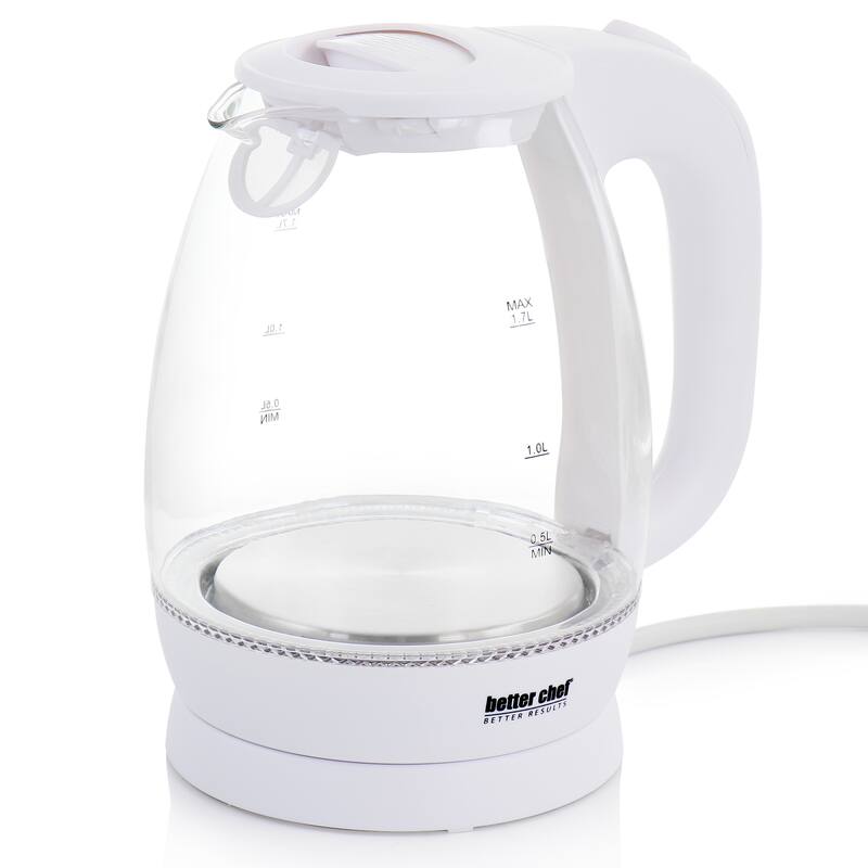 Better Chef 1.7 Liter Glass 360 Degree Cordless LED Electric Kettle in White - 1.7 Liter