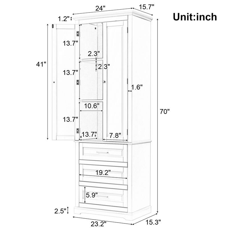 Wide Application Freestanding Storage Cabinet Tall Floor Cabinet with 3 Drawers, Adjustable Shelves and Anti-tipping Device