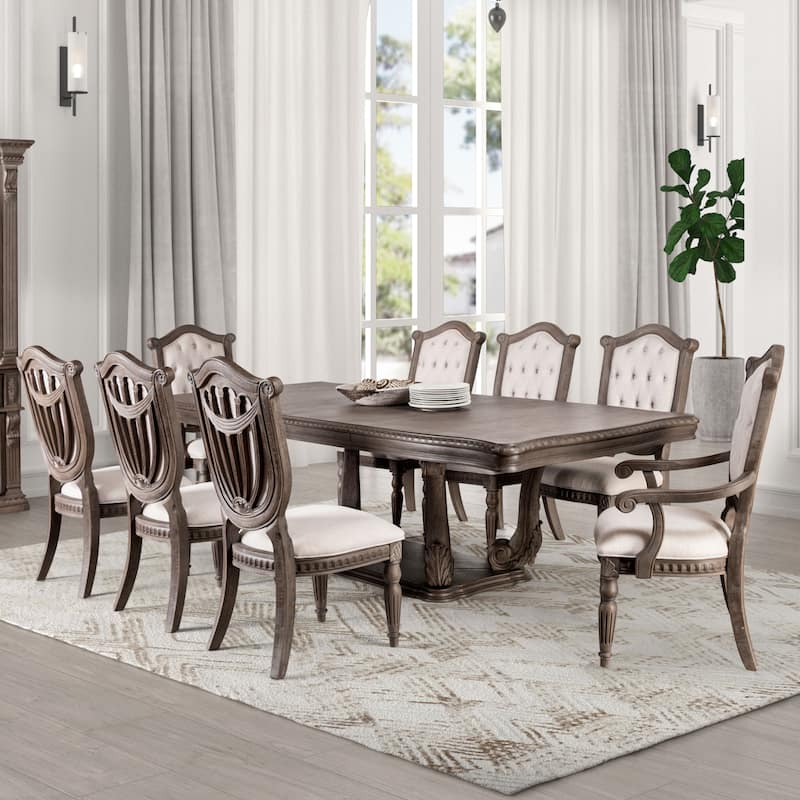 Furniture of America Cassian Traditional 9-Piece Weathered Oak Solid Wood Expandable Dining Table Set - Weathered Oak