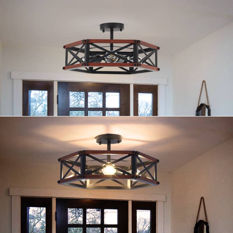 3 - Light Semi Flush Mount Ceiling Light, 18.31in W, Industrial Black Metal and Wood Design - Matte Black