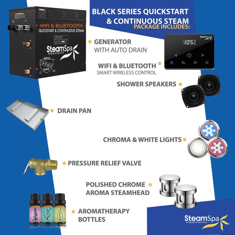 Black Series Steam Bath Generator with Fully Wireless Remote, BLUETOOTH, WIFI, and Auto Drain - 12 KW