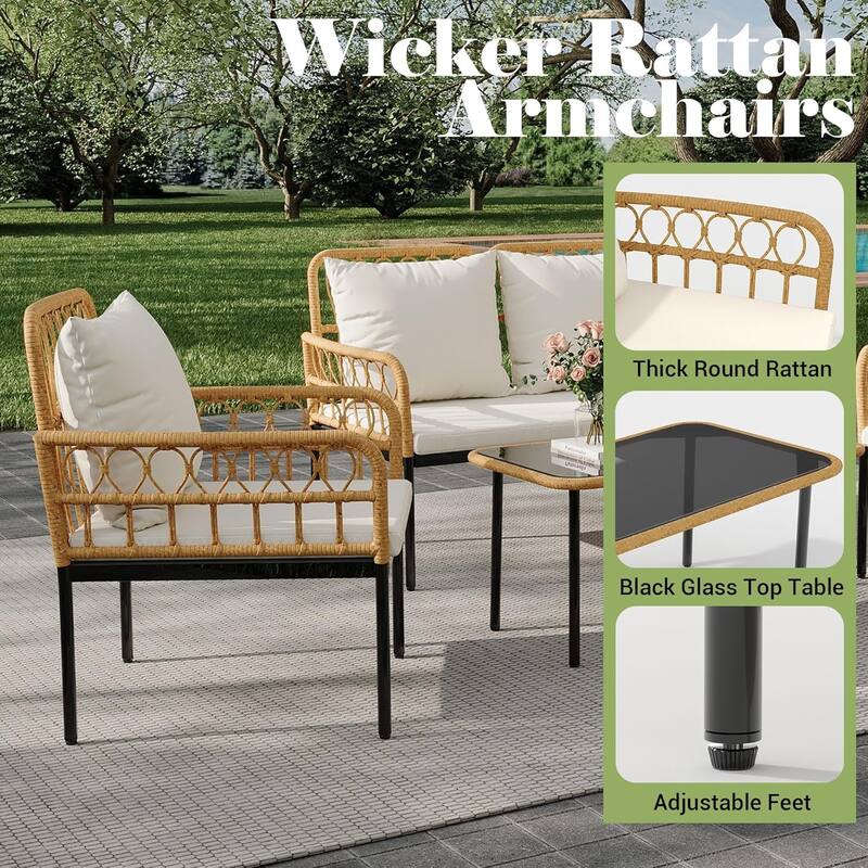 4-Piece Patio Rattan Wicker Furniture Set with Glass Coffee Table for Balcony