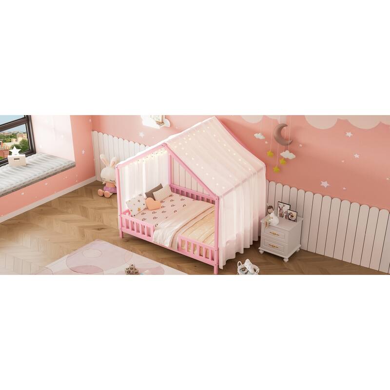 Full Size House-Shaped Kids Bed with Canopy and Safety Railings, Pink