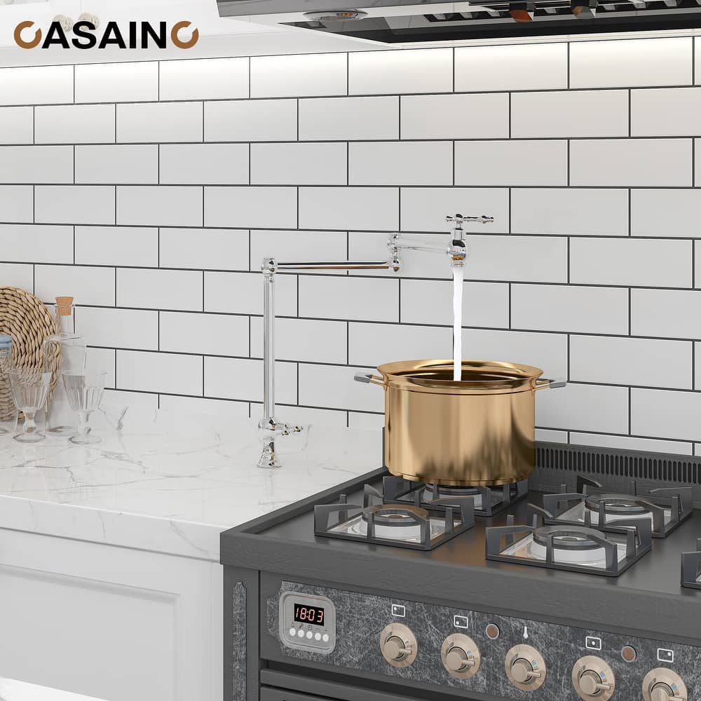 Vintage Deck Mount Pot Filler Kitchen Faucet, with Folding Stretchable Double Joint Swing Arms