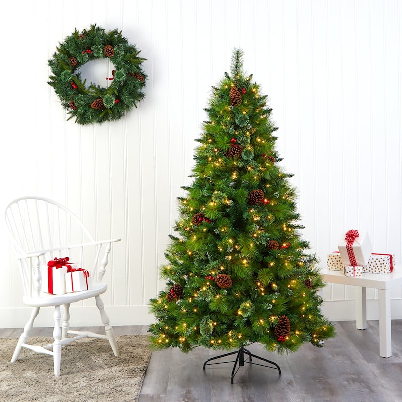6ft. Mixed Pine Artificial Christmas Tree with Pine Cones, Berries and 350 Clear LED Lights - Elegant Holiday X-Mas Tree