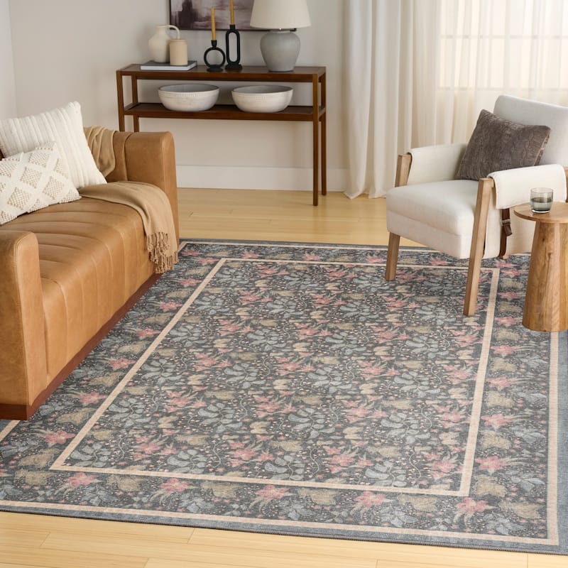 Nourison Botanical Washables Indoor only Textured Floral Area Rug - Charcoal/Multicolor - 5' x 7'