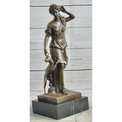 Antoine Coysevox Artemis Diana The Huntress W/ Imitative Dog Bronze Sculpture Statue
