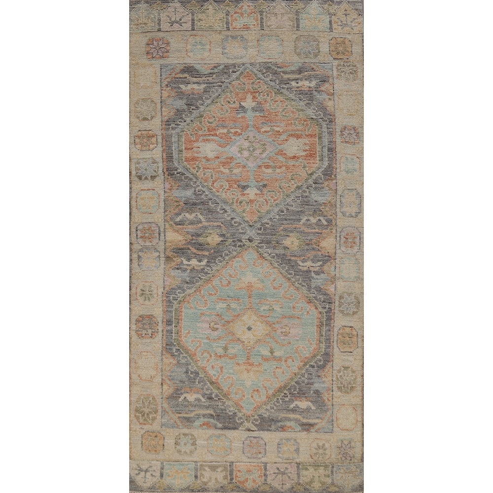 Hand Knotted Oriental 100% Wool Carpet Transitional Geometric Greys & Charcoal Oushak Area Rug - 6' 3'' X 2' 8''