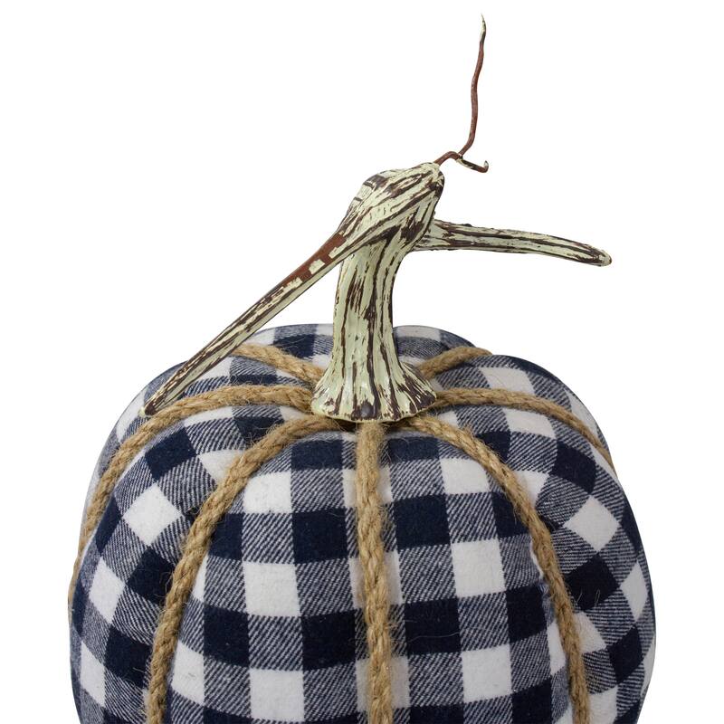Plaid Fall Harvest Pumpkin with Weathered Stem - 7.75" - Dark Blue and White