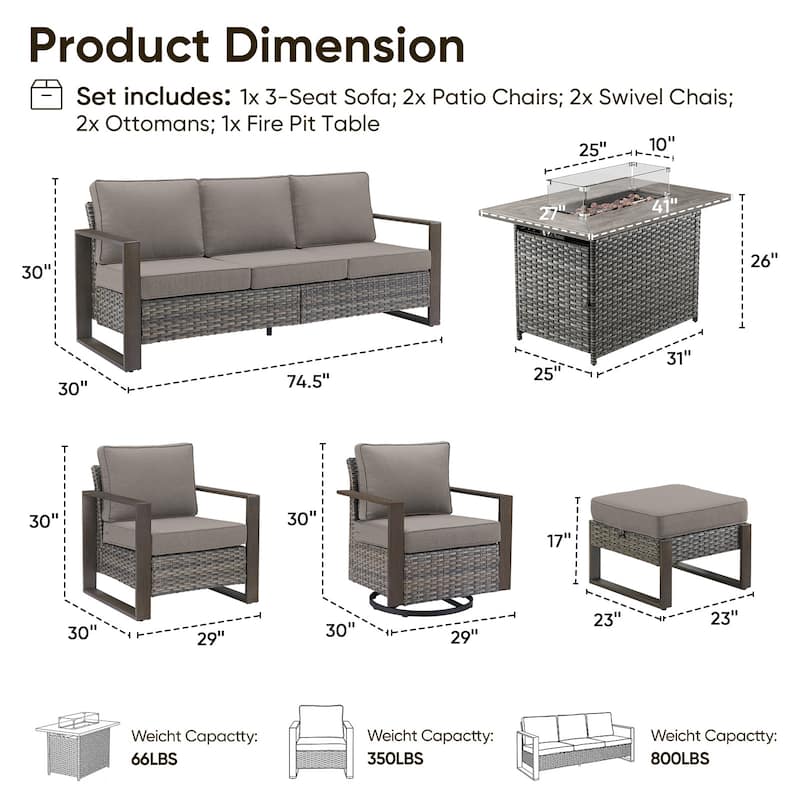Pocassy 8 Pieces Outdoor Sofa Chair Ottoman with Fire Pit Table Set