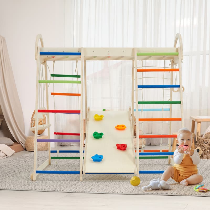 EROMMY 8-in-1 Wooden Climbing Gym for Kids - Indoor Playground Set with Slide, Monkey Bars, Climbing Wall, Wood & Rope Ladder