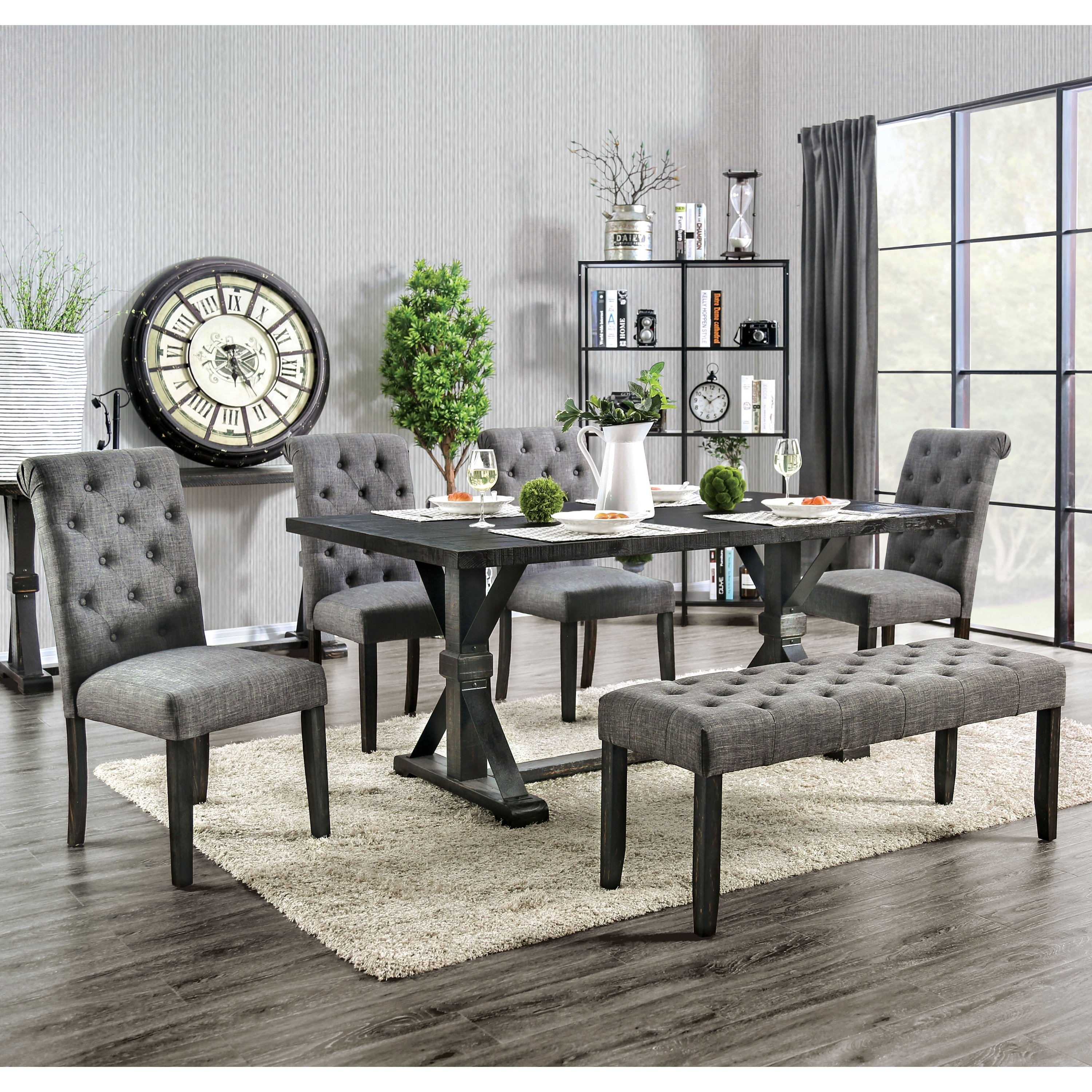Copper Grove Chalwa Rustic Wood Upholstered 6-Piece Dining Set with Table and 4 Chairs and 1 Bench