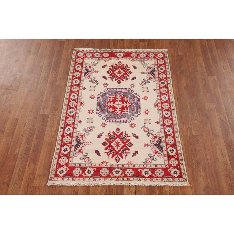 Geometric Beige Kazak Foyer Rug Hand-Knotted Wool Carpet - 3'5" x 5'0"