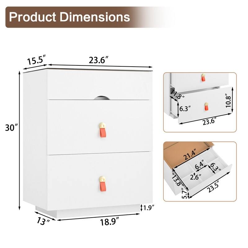 3-Drawer 30'' Nightstand with LED Light, Bedside Table with Glass Top