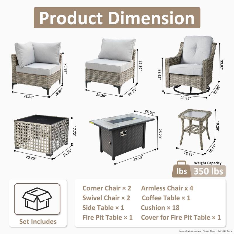 OVIOS 11 Pieces Outdoor Wicker Swivel Chair Set With Solar-Powered Coffee Table&Fire Pit