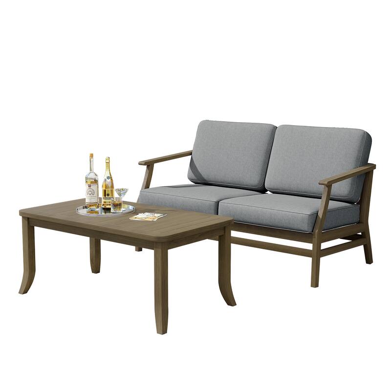 Outdoor Loveseat Sofa with Coffee Table Teak Wood Patio Furniture
