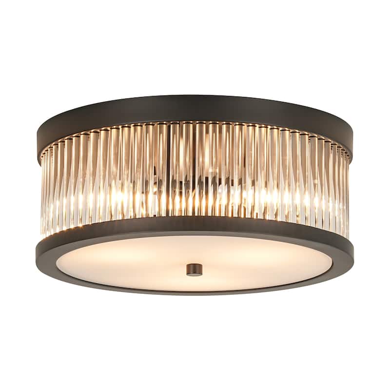 12.20 in. 3-Light Modern Industrial Round Drum Flush Mount Ceiling Light with Clear Glass Rods