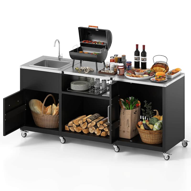 Costway 80" Outdoor Grill Table with Sink Drainage Cabinet Removable - See Details - Black