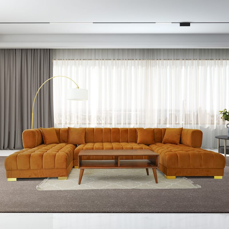 Elegante 3-Piece Velvet U-Shaped Corner Sectional Sofa - Cognac Velvet