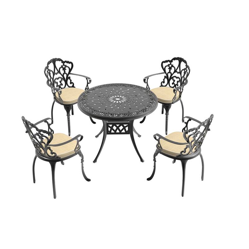 3/5-Piece Cast Aluminum Outdoor Dining Set with 35.43 in. Round Table and Random Color Cushions