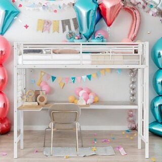 Twin Metal Loft Bed With Desk and Metal Grid,Sturdy Construction