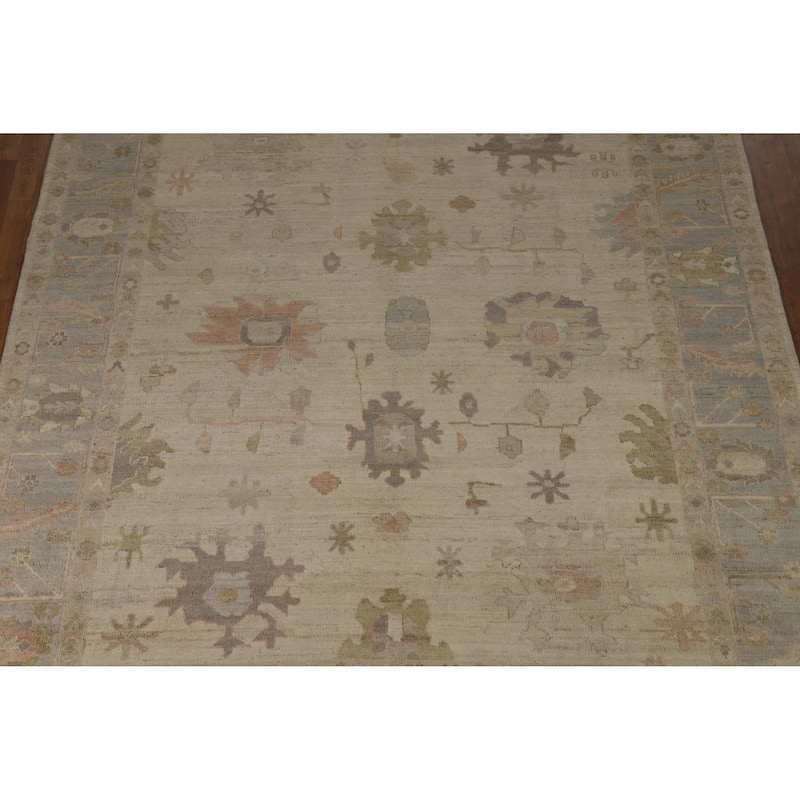 Hand Knotted Oriental 100% Wool Carpet Transitional All-Over Beige & Ivories Oushak Area Rug - 9' 9'' X 8' 2''