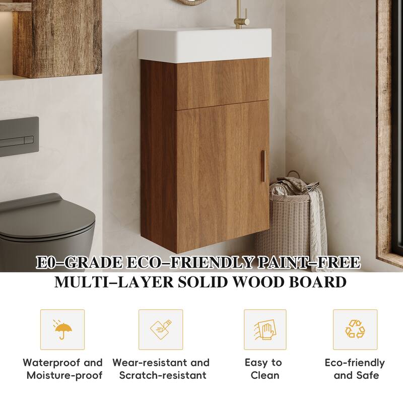 16.5" Modern Floating Bathroom Vanity - with Integrated Ceramic Basin & Storage, Wall-Mounted Vanity for Small Bathrooms