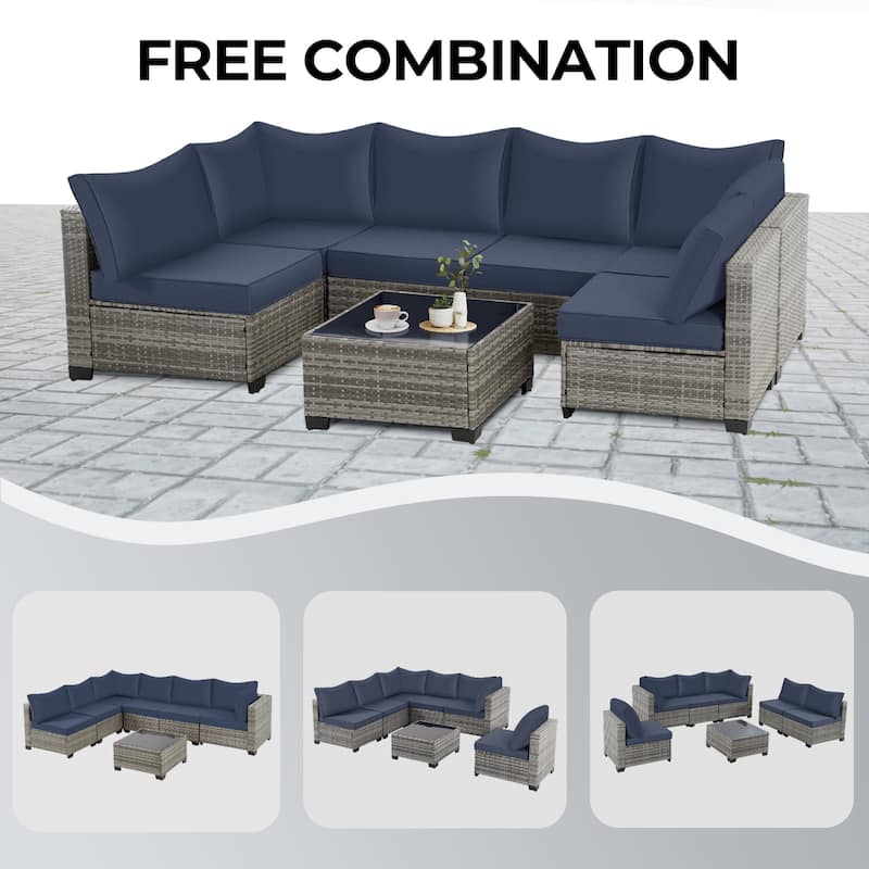 7-Piece Wicker Patio Conversation Set with Cushions,6 Sofas, 1 Table