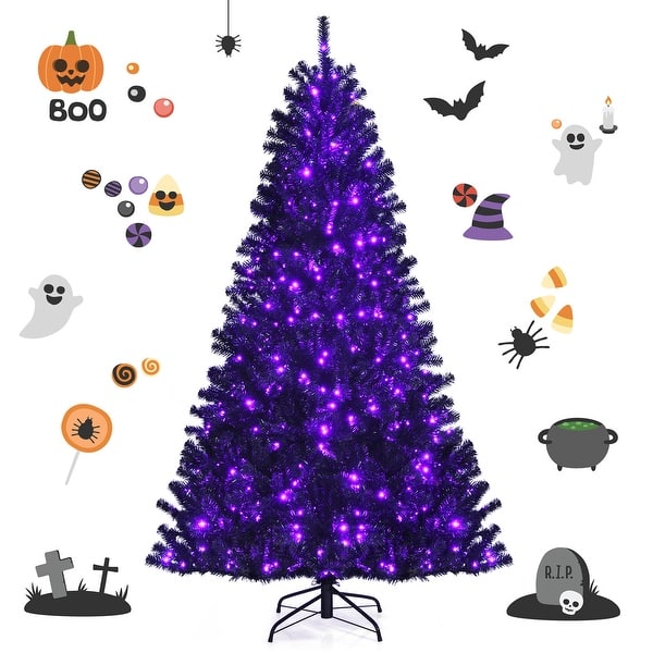 slide 2 of 10, Gymax 7 FT Pre-lit Black Halloween Tree Artificial Hinged Christmas - See Details Black - See Details - 7 Foot