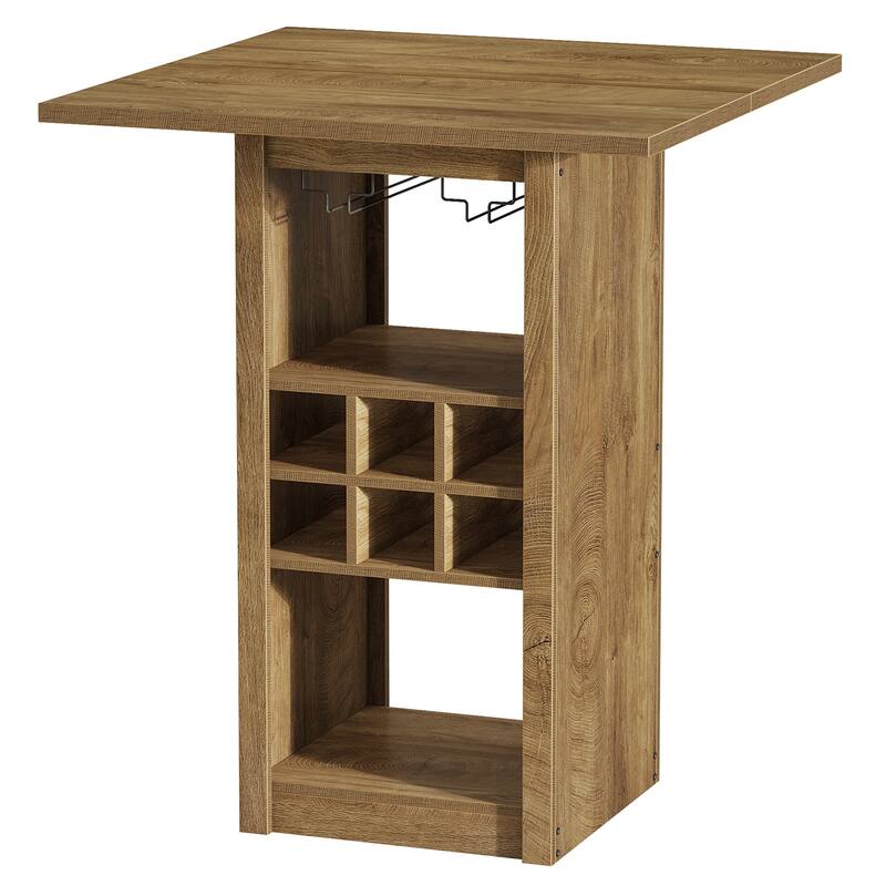 Wood Counter Height Bar Table, Glass Holders Wine Racks Storage Shelves, Kitchen Bistro High Top Pub Cocktail Home Bar Unit