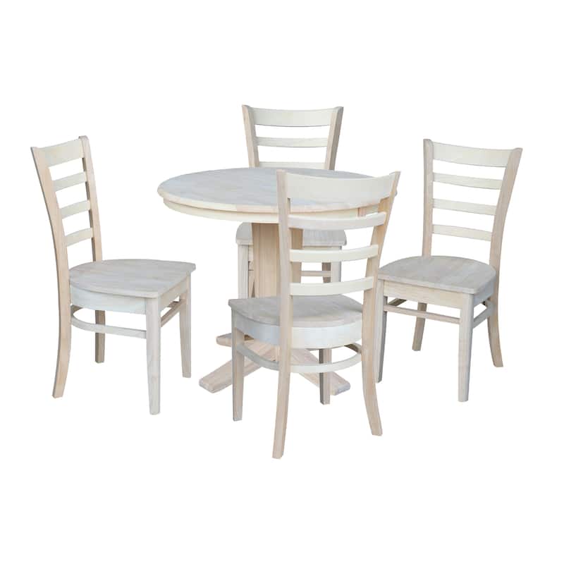 36 in Round Extension Dining Table with 12 in Leaf and 4 Dining Chairs - Unfinished