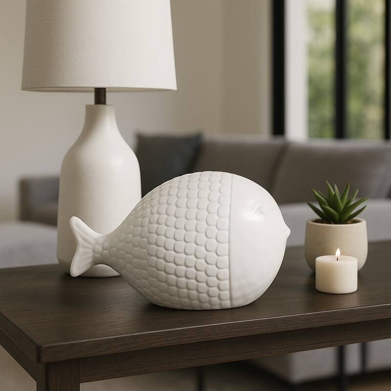 Ceramic Figurine Scaled Fish Sculpture Textured Accent - 6" White - 10" x 6" x 6" - White - 10" x 6" x 6"