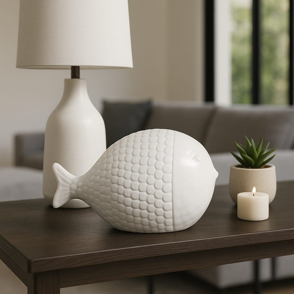 Ceramic Figurine Scaled Fish Sculpture Textured Accent - 6" White - 10" x 6" x 6"