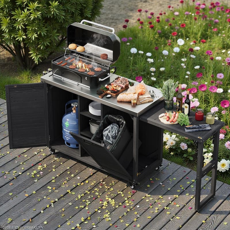 78.3" Outdoor Kitchen Island with Foldable Grill Table, Solid Wood BBQ Cart with Trash Storage & Stainless Steel Top
