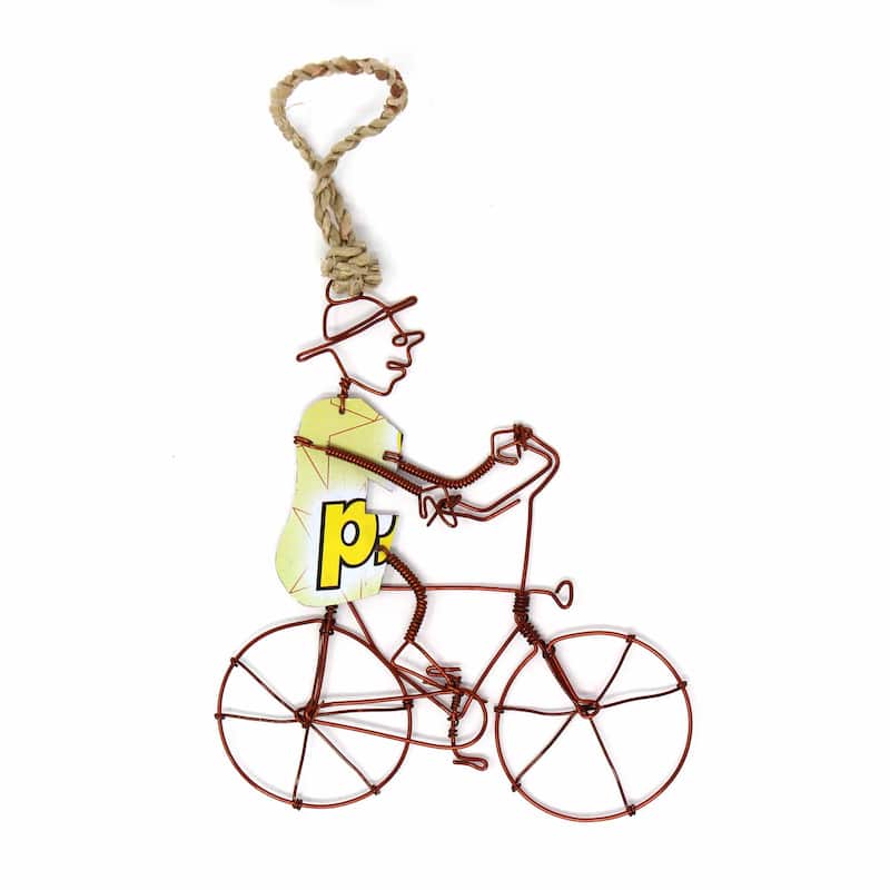 Recycled Wire Ornament Bicycle Rider in Hat, Set of 2