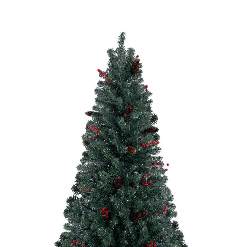 6.5ft Pencil Christmas Tree Prelit pre-Decorated with Pine Cones Red Berries 250 Warm Lights and Metal Stand